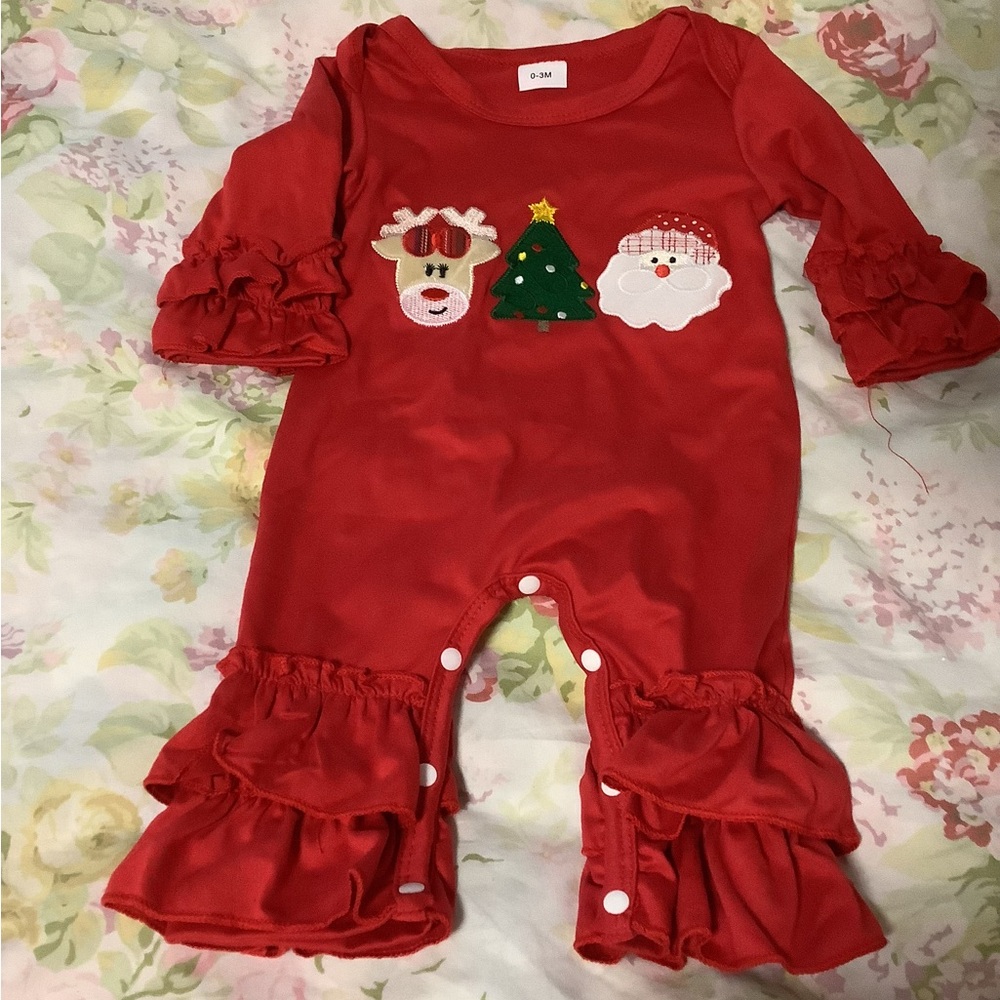 Infant  Red Baby Romper with Christmas Embroidery